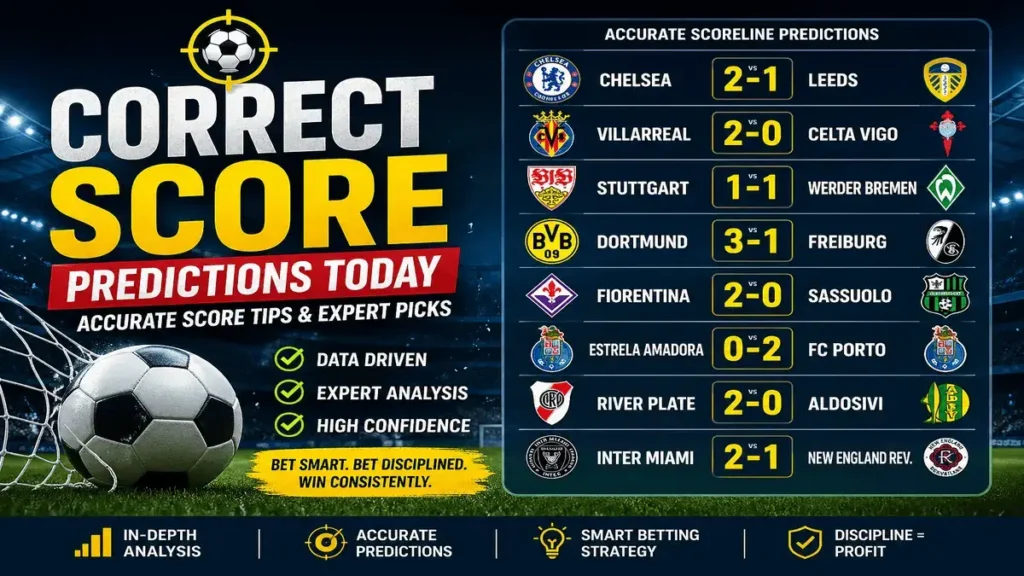 Correct score predictions today with accurate football score tips, expert match analysis, and realistic scoreline forecasts for today’s matches.